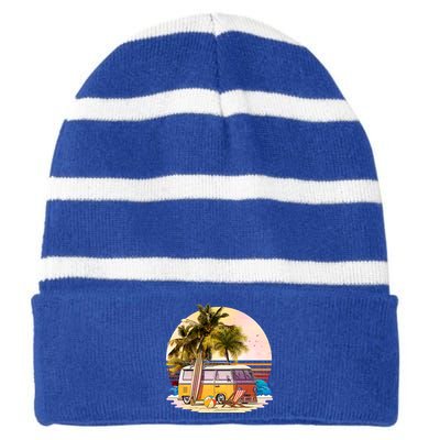 Retro Beach Hippie Van Striped Beanie with Solid Band