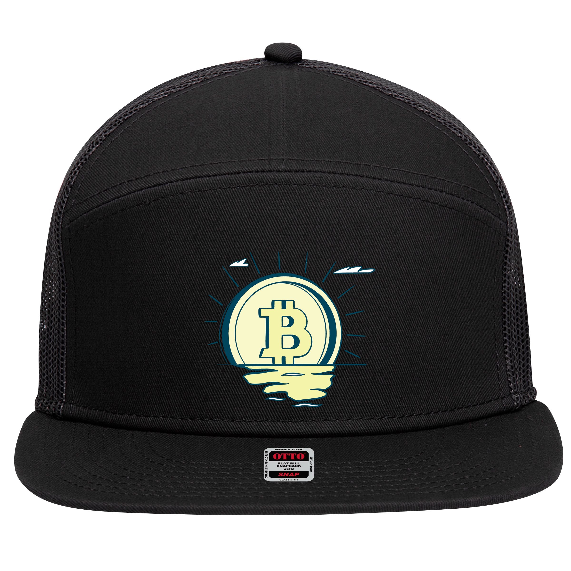 Retro Bitcoin Sunrise 7 Panel Mesh Trucker Snapback Hat