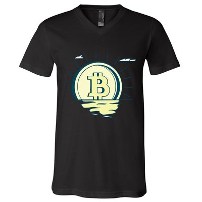 Retro Bitcoin Sunrise V-Neck T-Shirt