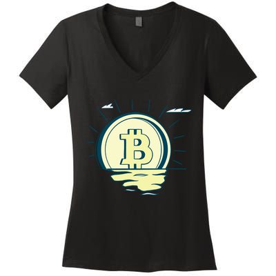 Retro Bitcoin Sunrise Women's V-Neck T-Shirt