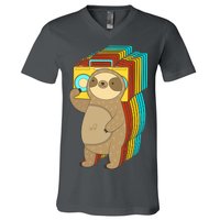 Retro Boombox Sloth V-Neck T-Shirt