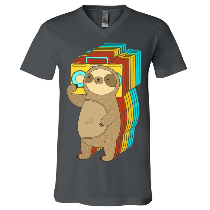 Retro Boombox Sloth V-Neck T-Shirt