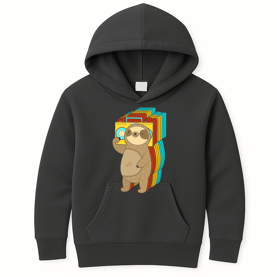 Retro Boombox Sloth Kids Hoodie