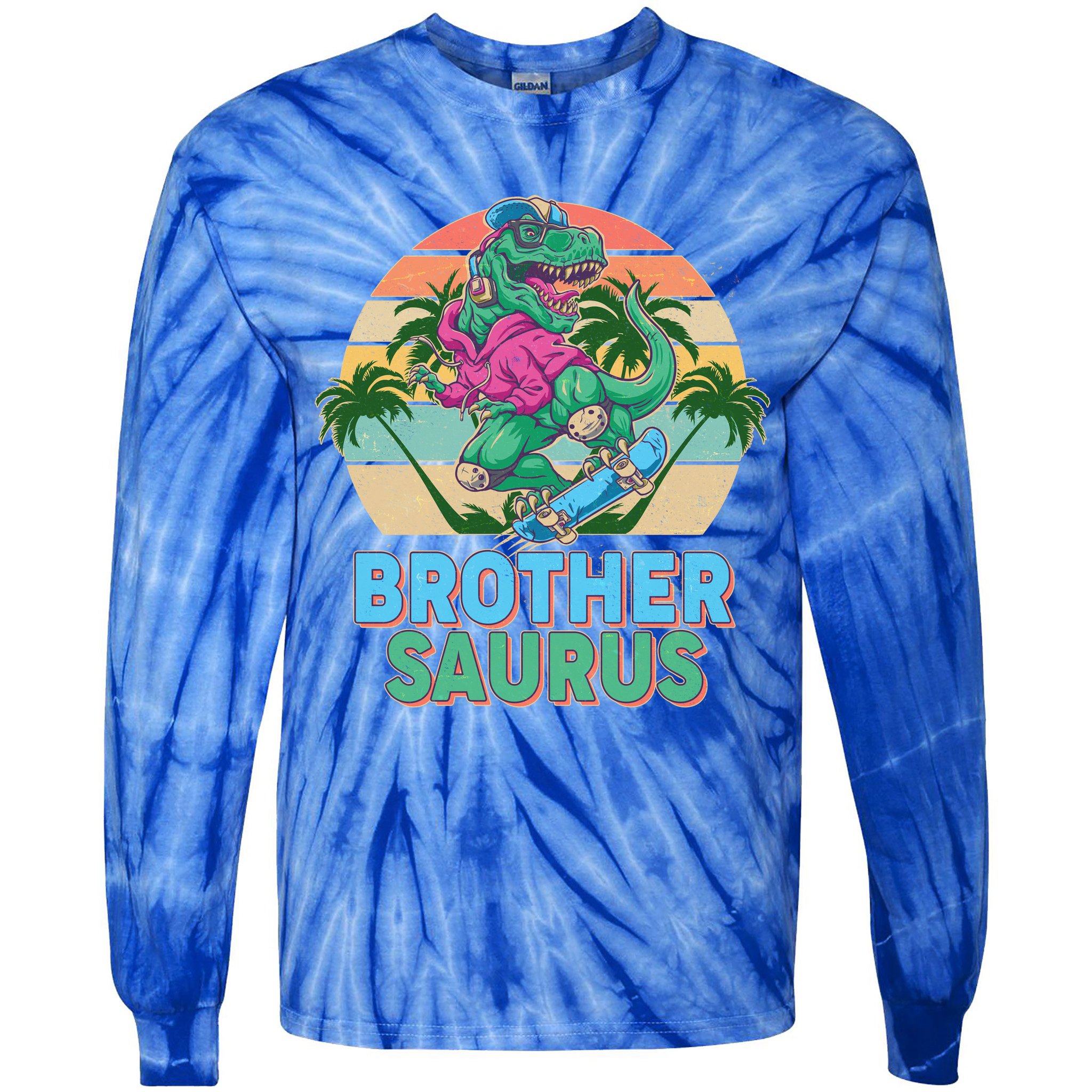 Retro Brother Saurus T-Rex Dinosaur Tie-Dye Long Sleeve Shirt