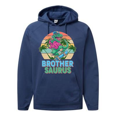 Retro Brother Saurus T-Rex Dinosaur Performance Fleece Hoodie