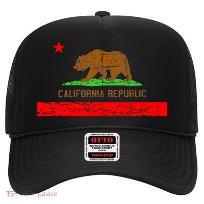 Retro California Republic Flag High Crown Mesh Back Trucker Hat