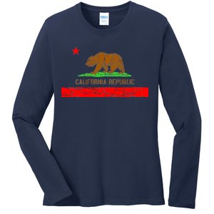 Retro California Republic Flag Ladies Long Sleeve Shirt