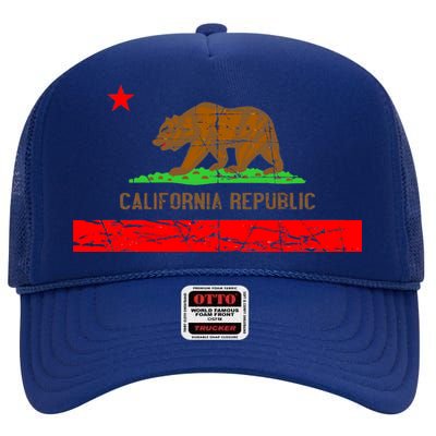 Retro California Republic Flag High Crown Mesh Back Trucker Hat