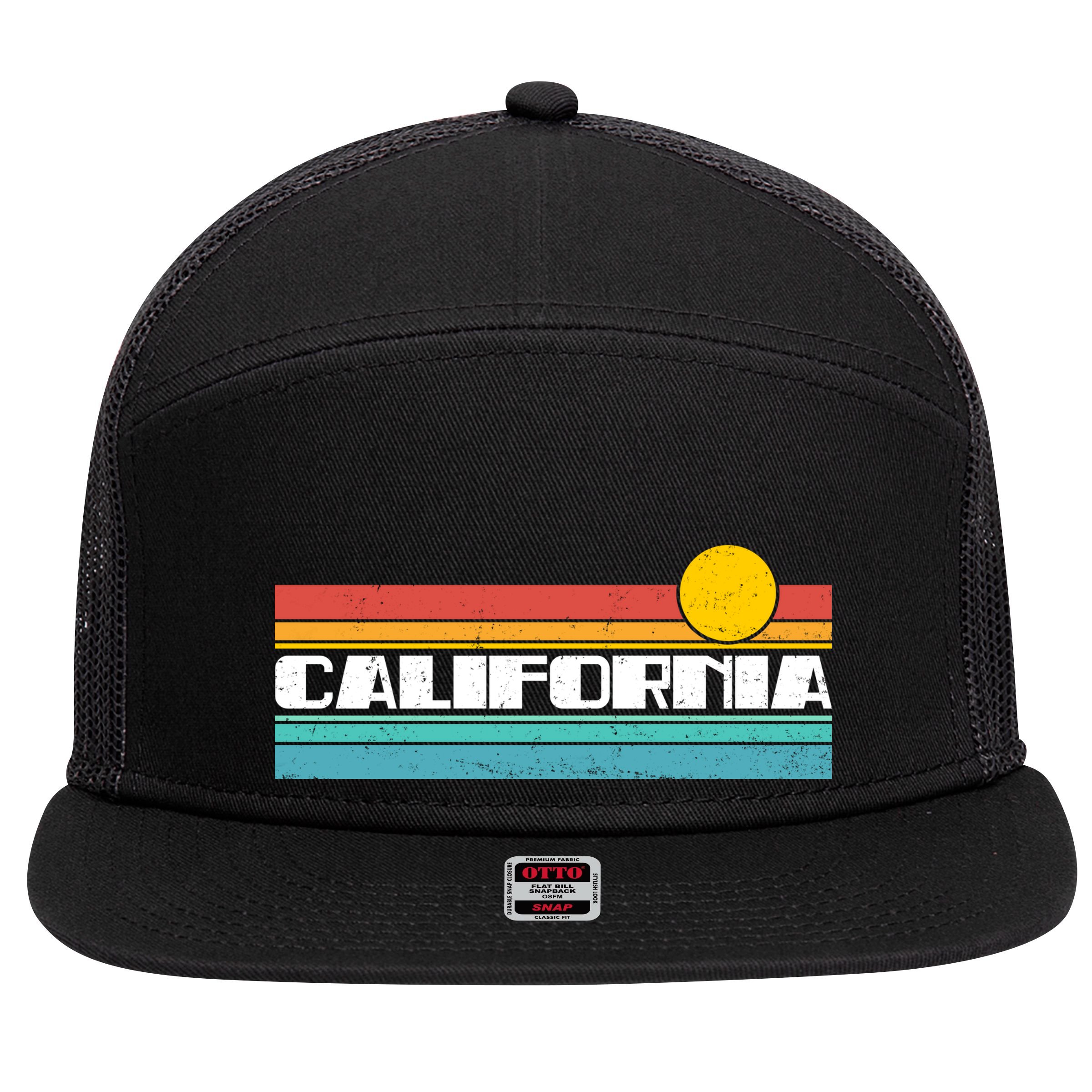 Retro California Stripe Logo 7 Panel Mesh Trucker Snapback Hat