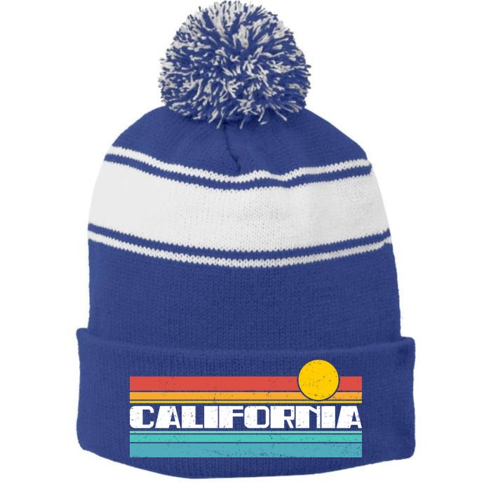 Retro California Stripe Logo Stripe Pom Pom Beanie