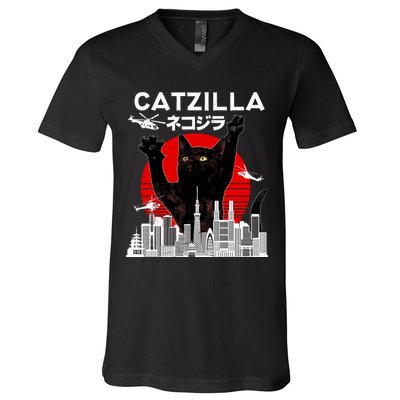 Retro Catzilla Attack V-Neck T-Shirt