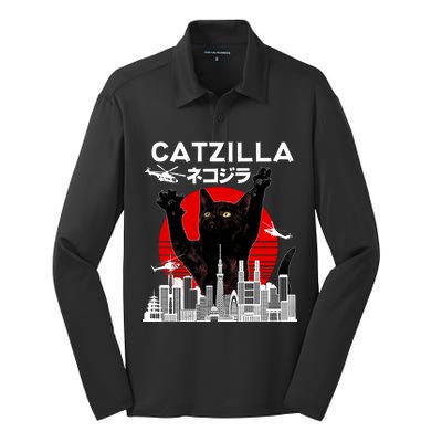 Retro Catzilla Attack Silk Touch Performance Long Sleeve Polo