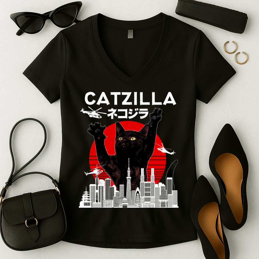 Retro Catzilla Attack Women's V-Neck T-Shirt