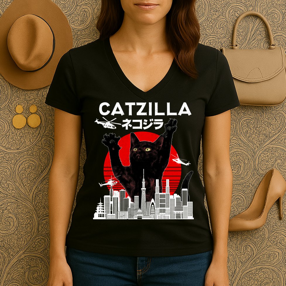 Retro Catzilla Attack Women's V-Neck T-Shirt