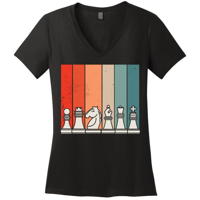 Retro Chess Pieces Women's V-Neck T-Shirt
