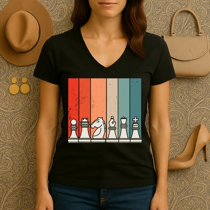 Retro Chess Pieces Women's V-Neck T-Shirt