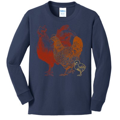 Retro Chickens Kids Long Sleeve Shirt