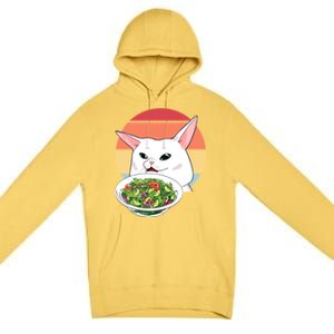 Retro Confused Cat At Dinner Table Meme Premium Pullover Hoodie