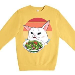 Retro Confused Cat At Dinner Table Meme Premium Crewneck Sweatshirt