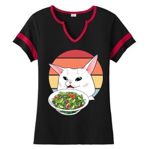 Retro Confused Cat At Dinner Table Meme Ladies Halftime Notch Neck Tee