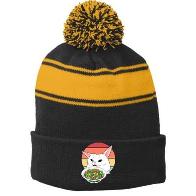 Retro Confused Cat At Dinner Table Meme Stripe Pom Pom Beanie