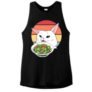 Retro Confused Cat At Dinner Table Meme Ladies PosiCharge Tri-Blend Wicking Tank