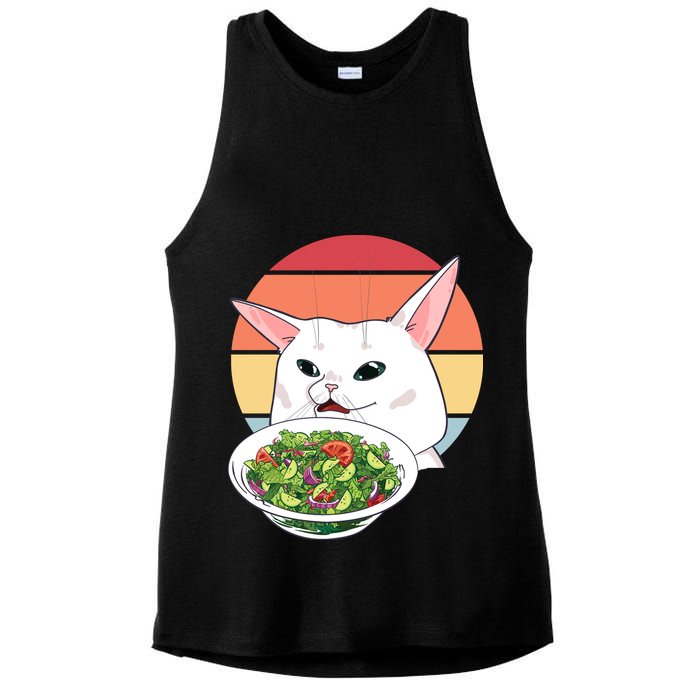 Retro Confused Cat At Dinner Table Meme Ladies PosiCharge Tri-Blend Wicking Tank