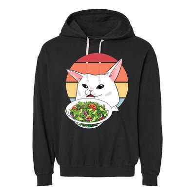 Retro Confused Cat At Dinner Table Meme Garment-Dyed Fleece Hoodie