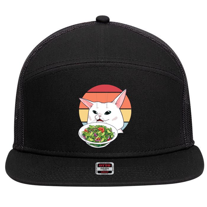 Retro Confused Cat At Dinner Table Meme 7 Panel Mesh Trucker Snapback Hat