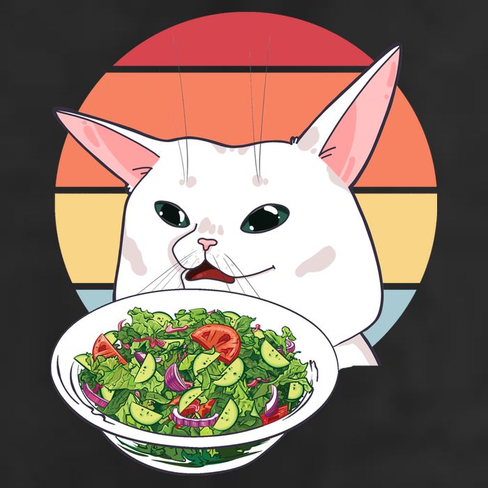 Retro Confused Cat At Dinner Table Meme 7 Panel Mesh Trucker Snapback Hat