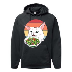 Retro Confused Cat At Dinner Table Meme Performance Fleece Hoodie