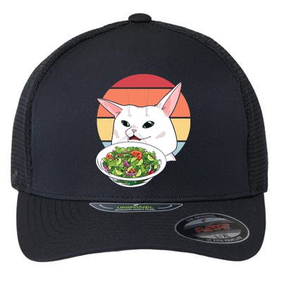 Retro Confused Cat At Dinner Table Meme Flexfit Unipanel Trucker Cap