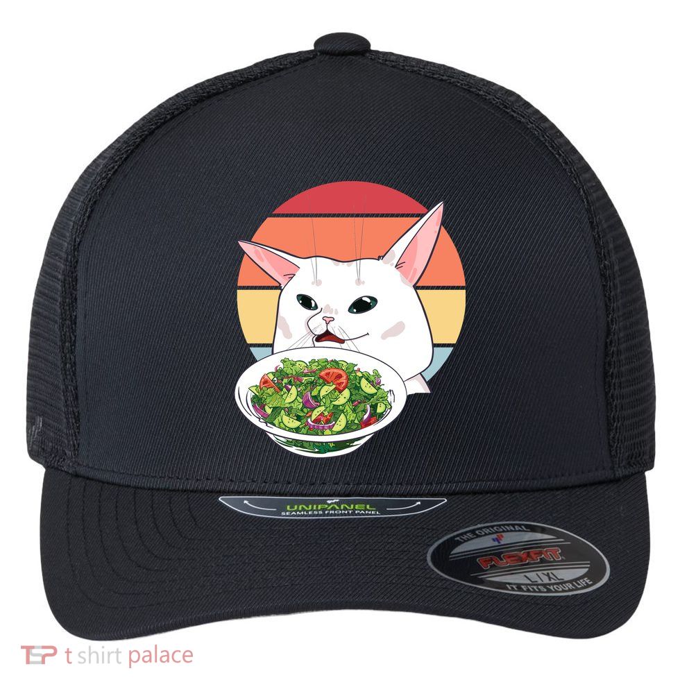 Retro Confused Cat At Dinner Table Meme Flexfit Unipanel Trucker Cap