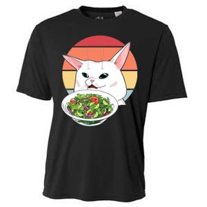 Retro Confused Cat At Dinner Table Meme Cooling Performance Crew T-Shirt