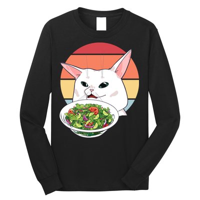 Retro Confused Cat At Dinner Table Meme Long Sleeve Shirt