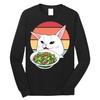 Retro Confused Cat At Dinner Table Meme Long Sleeve Shirt