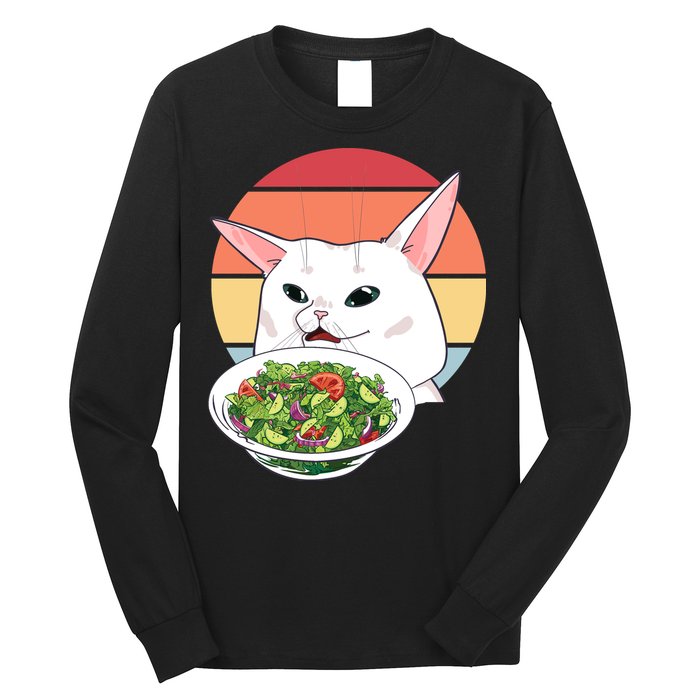 Retro Confused Cat At Dinner Table Meme Long Sleeve Shirt
