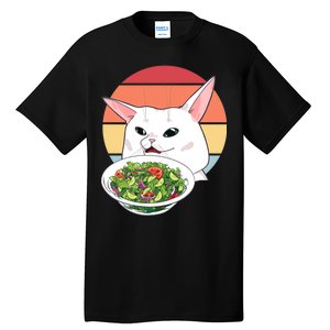 Retro Confused Cat At Dinner Table Meme Tall T-Shirt