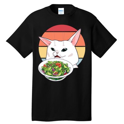 Retro Confused Cat At Dinner Table Meme Tall T-Shirt