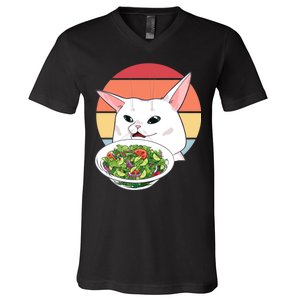 Retro Confused Cat At Dinner Table Meme V-Neck T-Shirt