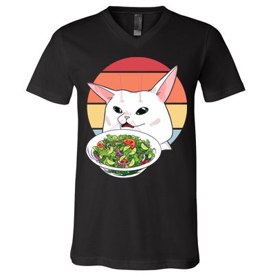 Retro Confused Cat At Dinner Table Meme V-Neck T-Shirt
