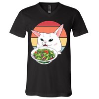 Retro Confused Cat At Dinner Table Meme V-Neck T-Shirt