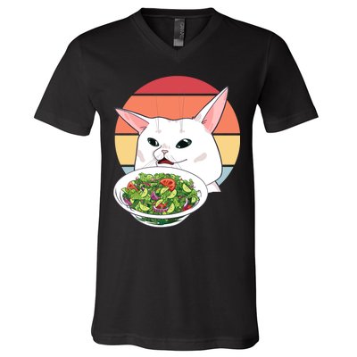 Retro Confused Cat At Dinner Table Meme V-Neck T-Shirt