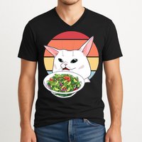 Retro Confused Cat At Dinner Table Meme V-Neck T-Shirt