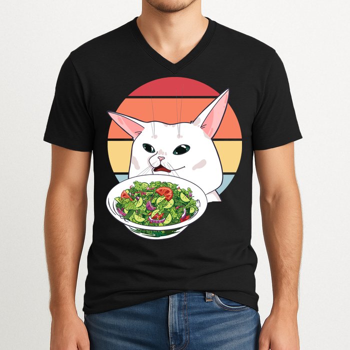 Retro Confused Cat At Dinner Table Meme V-Neck T-Shirt