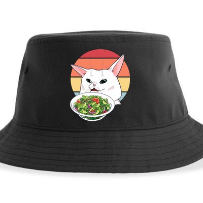 Retro Confused Cat At Dinner Table Meme Sustainable Bucket Hat