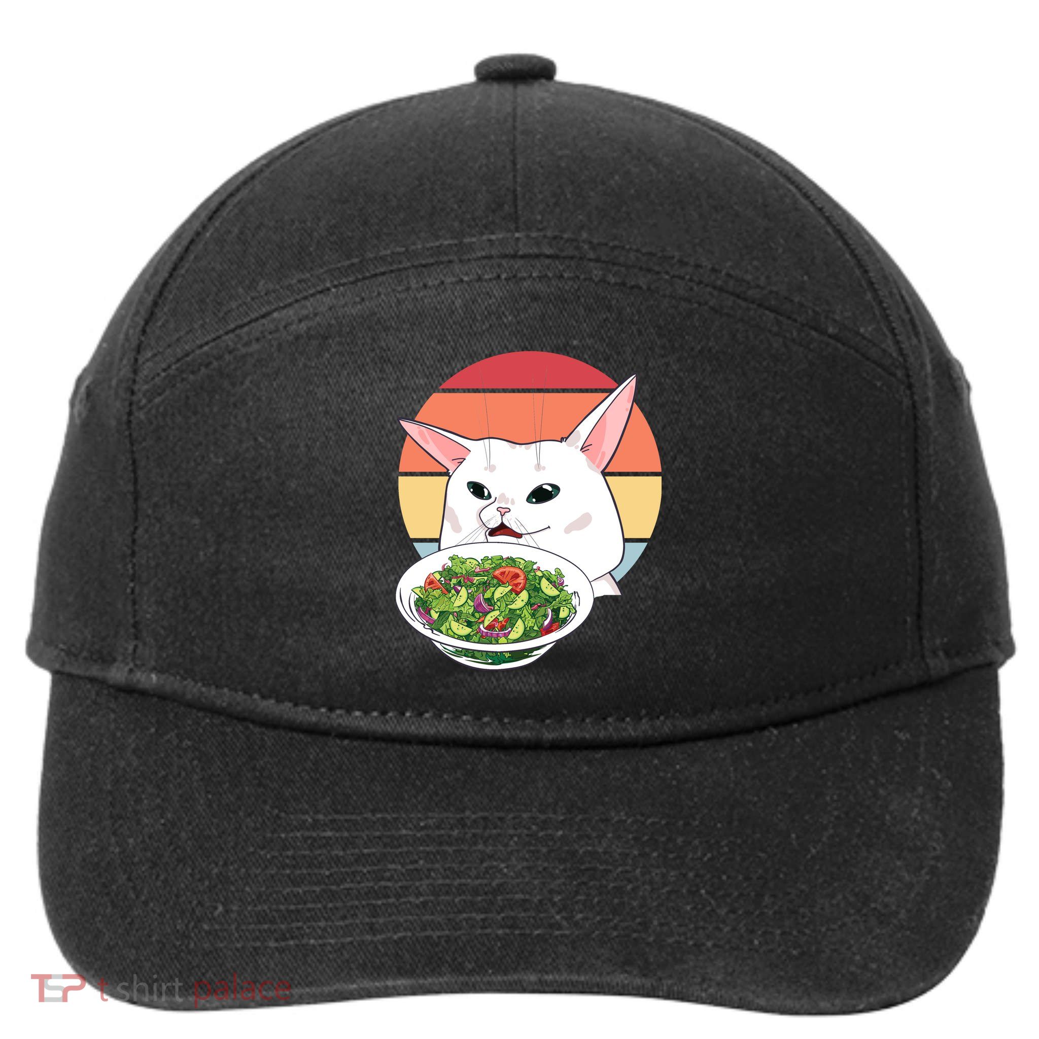 Retro Confused Cat At Dinner Table Meme 7-Panel Snapback Hat