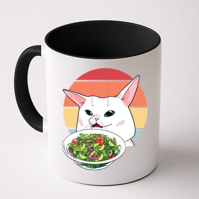Retro Confused Cat At Dinner Table Meme Mug