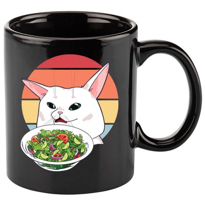Retro Confused Cat At Dinner Table Meme 11oz C Handle Ceramic Mug