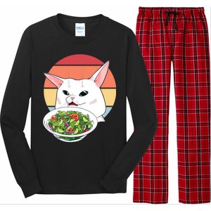 Retro Confused Cat At Dinner Table Meme Long Sleeve Pajama Set